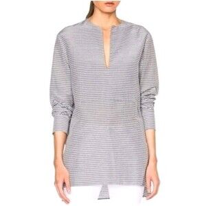 Jenni Kayne Black White Striped Tunic Bib Top Size Large Minimalist Split V-Neck